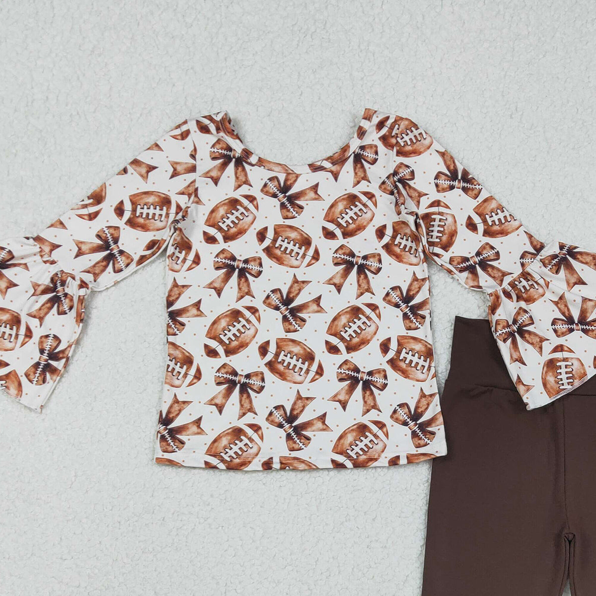 Baby Girls' Team Clothes Set with Bell Sleeve Footballs Bows Top And Ruffle Bell Bottom Pants for Little Ones