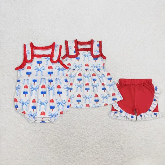 Match Popsicle Bows Print Top Ruffle Shorts Girls 4th of July Clothes Set Romper D 3.29