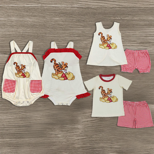 Match Baby Boys Girls Bear Tiger Short Red Checkered Shorts Clothes Sets Romper D 3.13