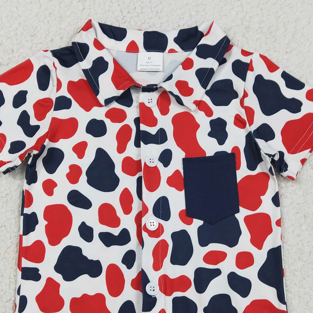 RTS NO MOQ（In Stock) BT1656 Baby Boys Red Blue Cow Print 4th of July Button Pocket Shirts Top