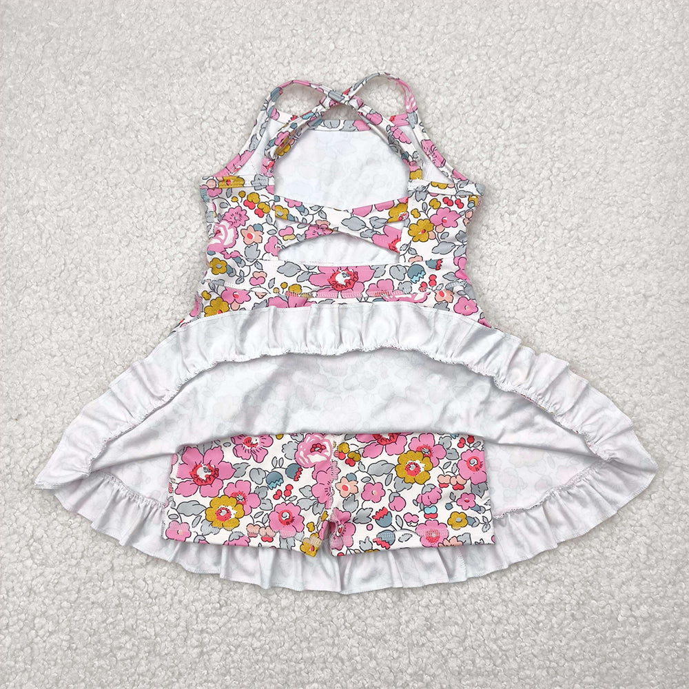 GSD2278  Baby Girls Pink Strap Floral Yoga Ruffle Knee Length Dresses  D 4.3