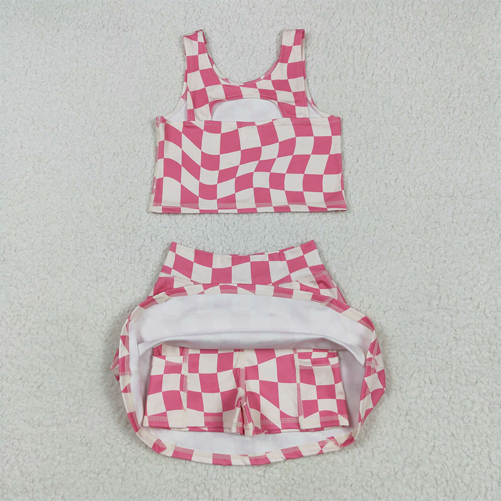 GSD2329 Baby Girls Sleeveless Pink Plaid Top Skort Yoga Set  D 4.28