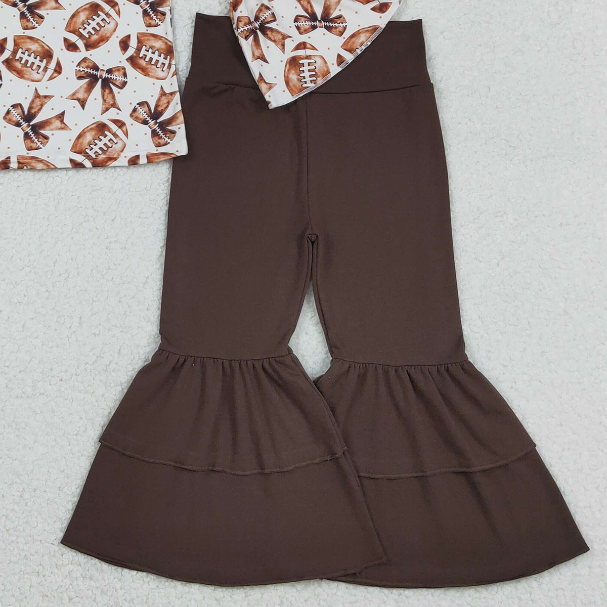 Baby Girls' Team Clothes Set with Bell Sleeve Footballs Bows Top And Ruffle Bell Bottom Pants for Little Ones