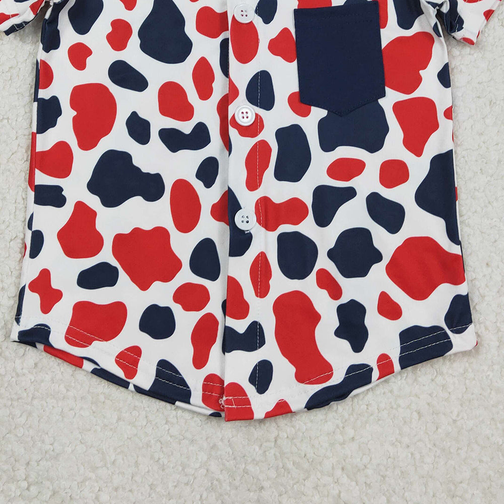RTS NO MOQ（In Stock) BT1656 Baby Boys Red Blue Cow Print 4th of July Button Pocket Shirts Top