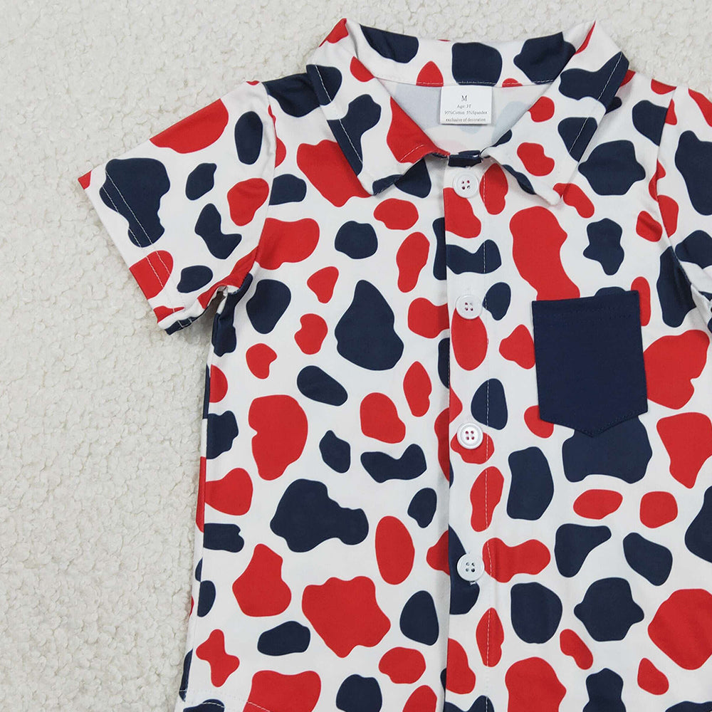 RTS NO MOQ（In Stock) BT1656 Baby Boys Red Blue Cow Print 4th of July Button Pocket Shirts Top