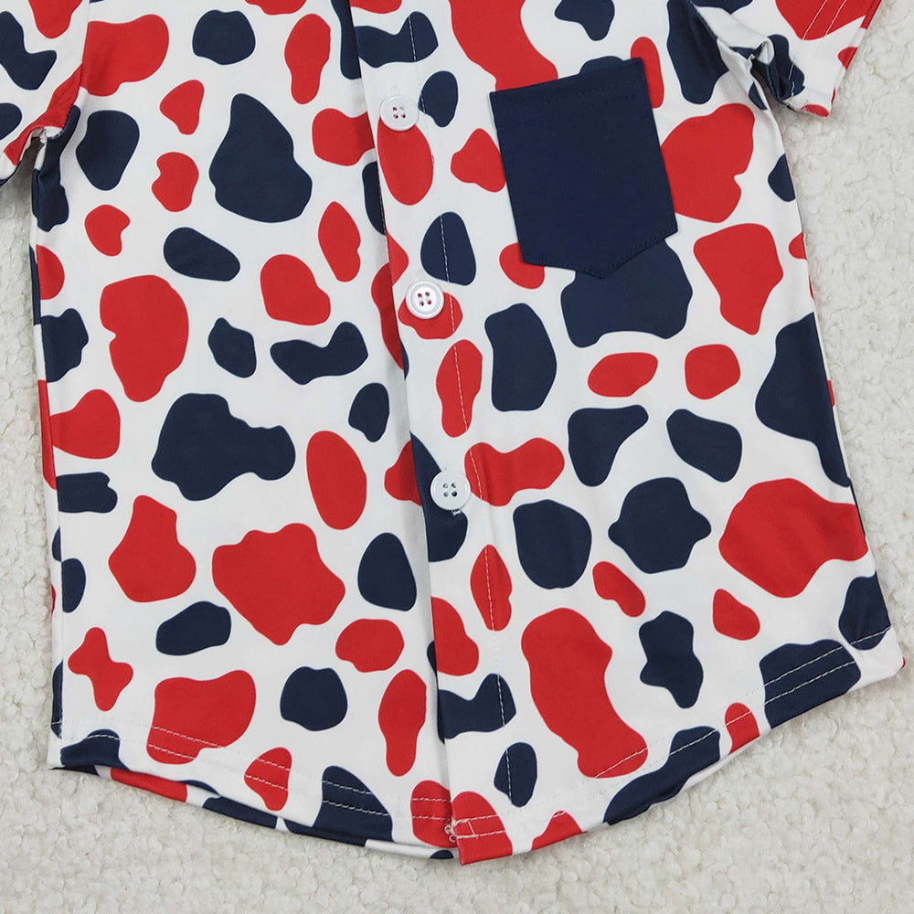 RTS NO MOQ（In Stock) BT1656 Baby Boys Red Blue Cow Print 4th of July Button Pocket Shirts Top