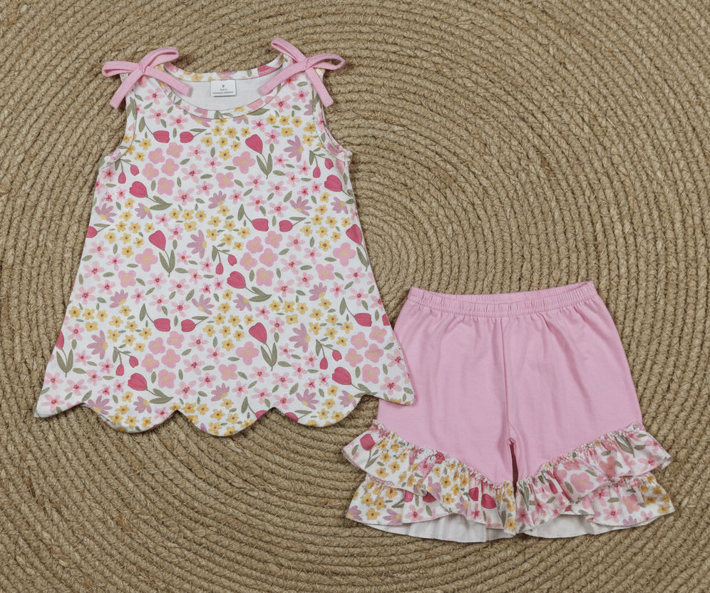 pink floral scallop shorts set summer girl clothing