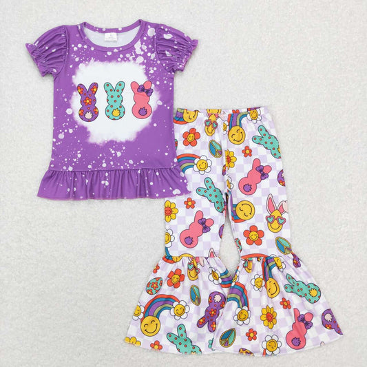 GSPO1116 Three Rabbits Lace Short Sleeve Smiley Rainbow Purple and White Plaid Pants Suit