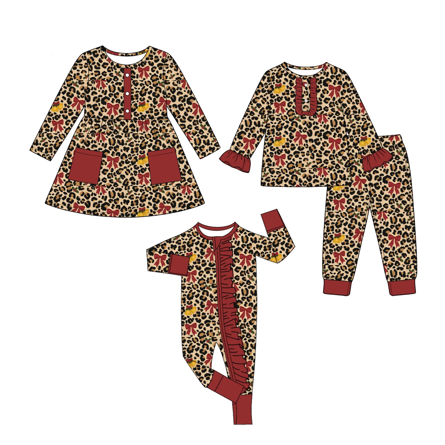 Pre order christmas leopard bow bell sibling clothing