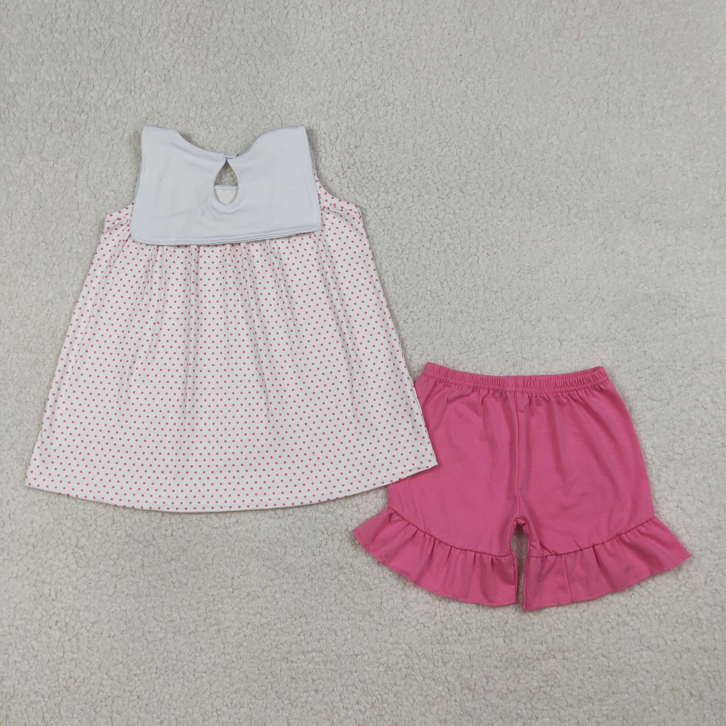 embroidery pink polk dots jesus shorts set girl clothing