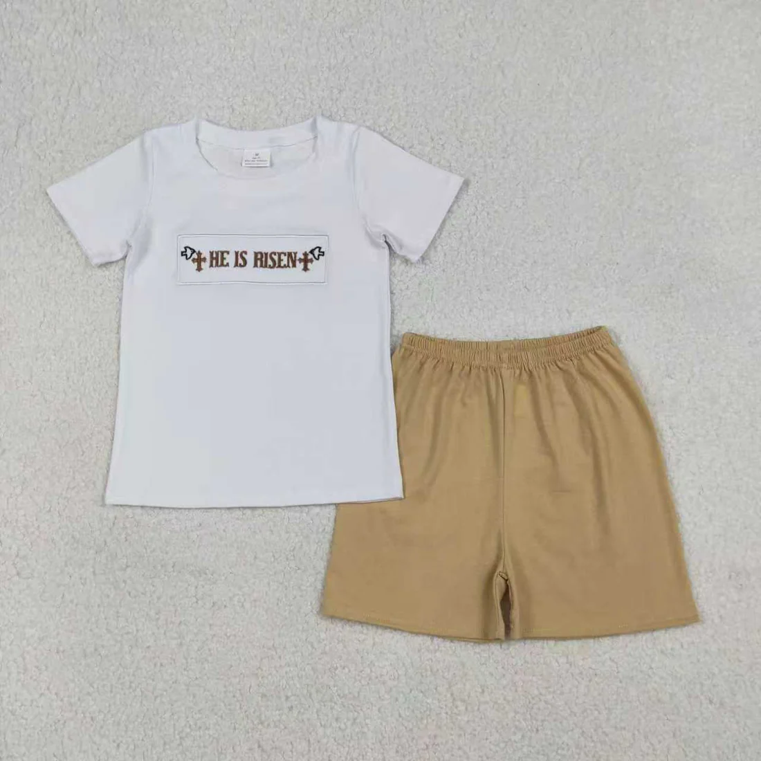 Sibling Baby Boys Girls Short Sleeves Embroidery He is Risen Cross Easter Dress Set