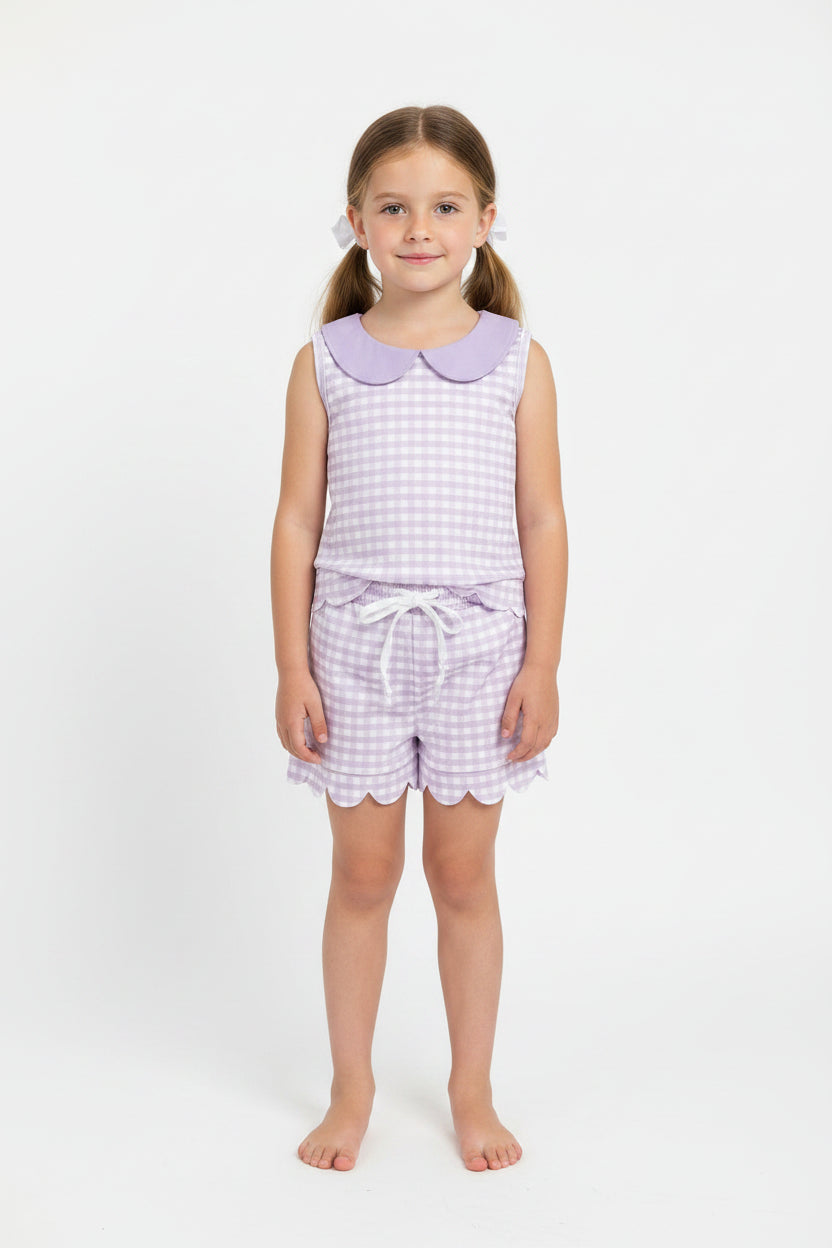 lavender gingham scallop shorts set summer clothing