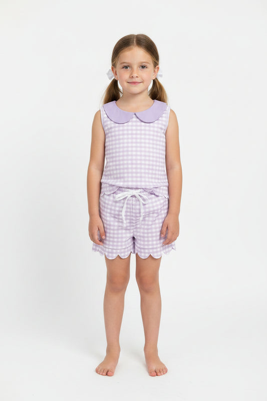 lavender gingham scallop shorts set summer clothing