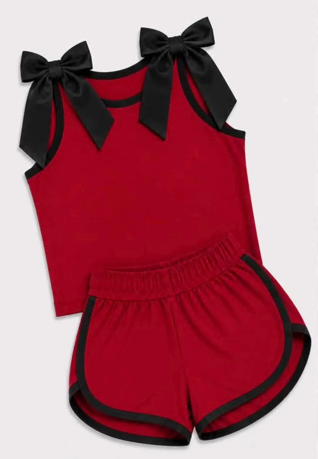 Custom order MOQ 3 Shannon red and black bow tank shorts set