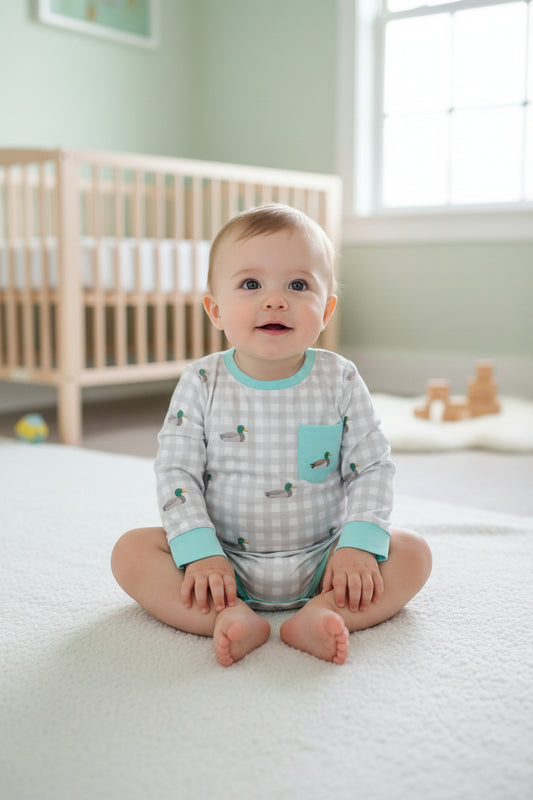 LR3000 long sleeve duck embroidery gingham boy romper