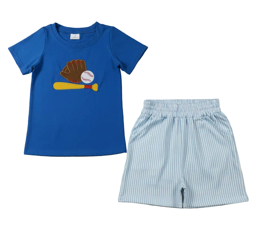 blue embroidery baseball shorts set summer boy clothes