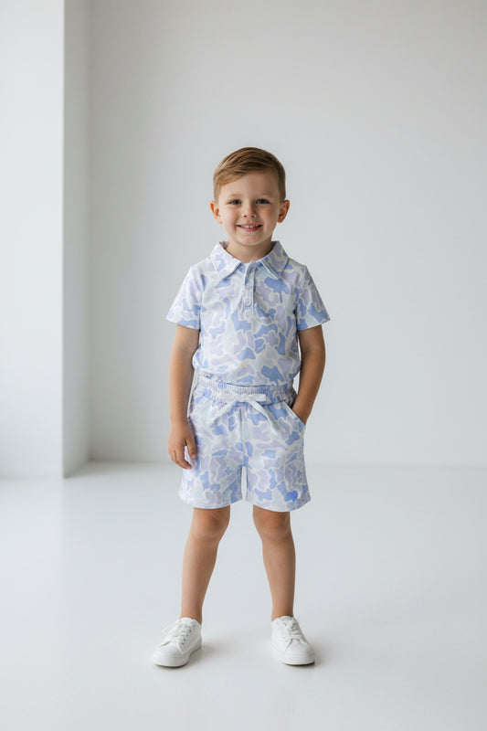 blue camo polo shorts set kids clothing