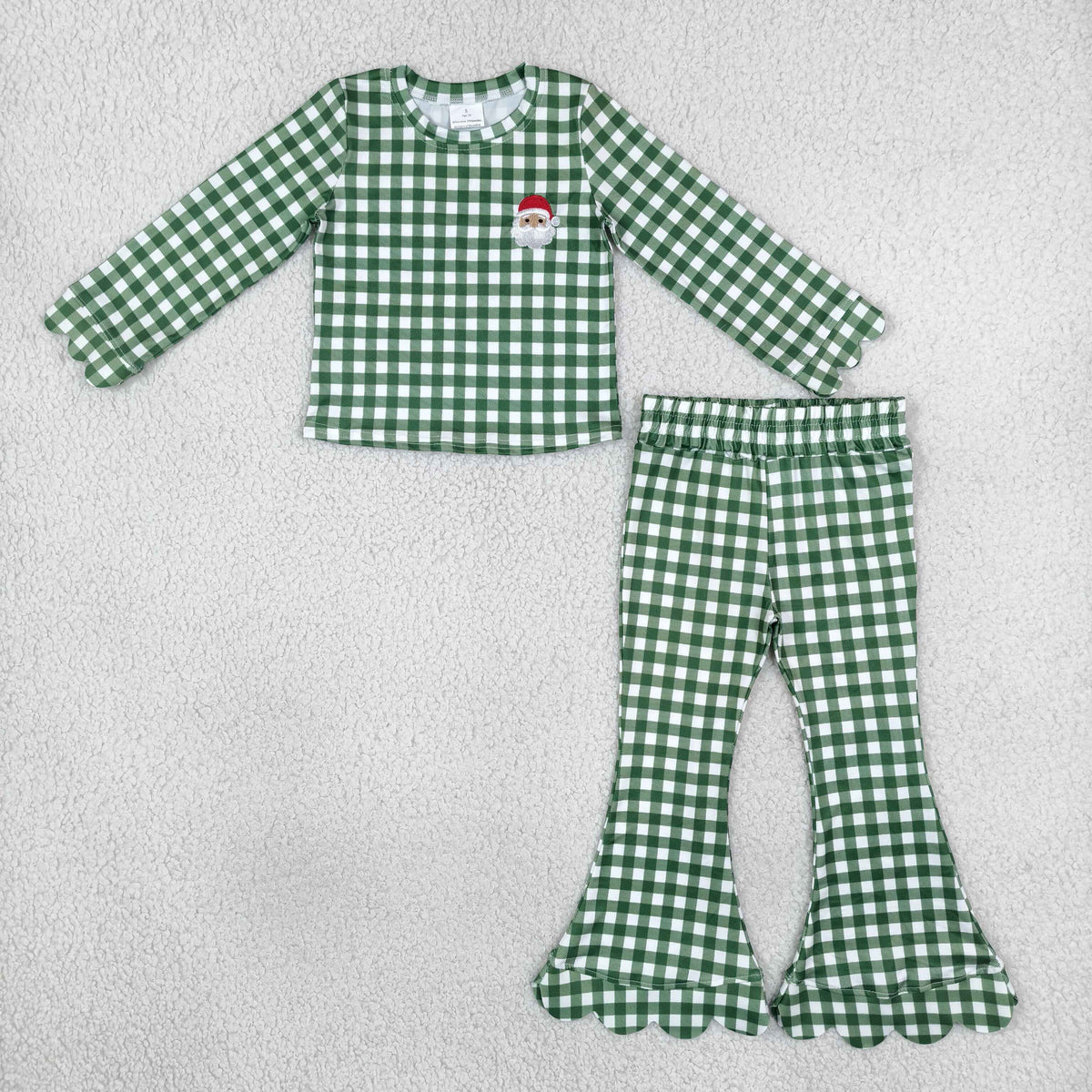 green gingham scallop outfit with embroidery santa pattern