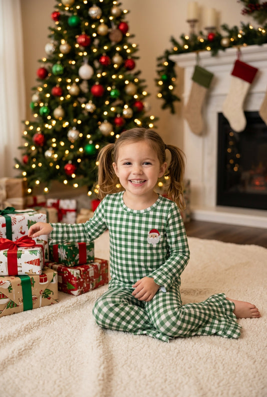 green gingham scallop outfit with embroidery santa pattern