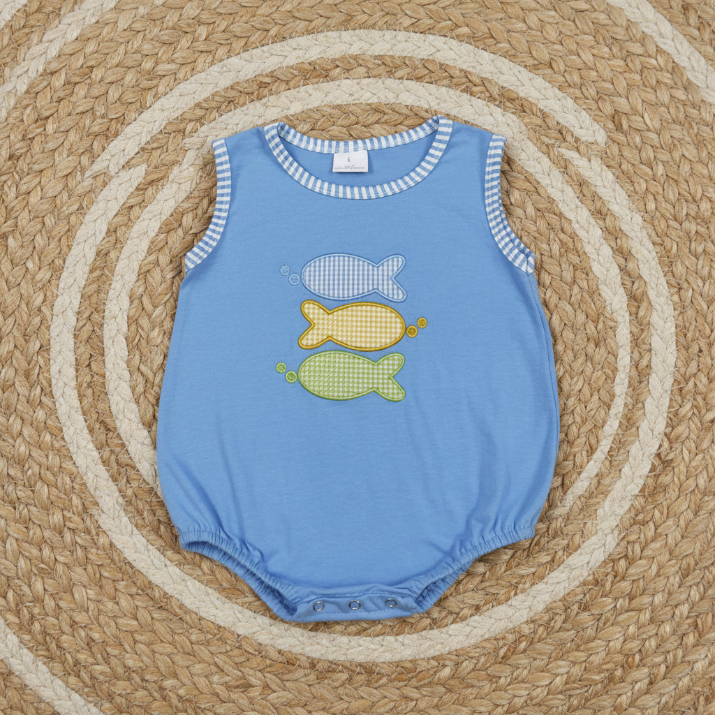 SR4005 blue gingham fish embroidery tank bubble romper baby boy clothes