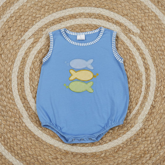 SR4005 blue gingham fish embroidery tank bubble romper baby boy clothes