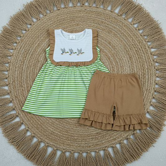 stripes mallard embroidery girl shorts set youth clothes