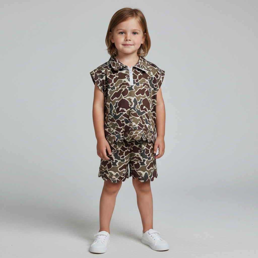 zipper camo scallop shorts set summer girl clothing