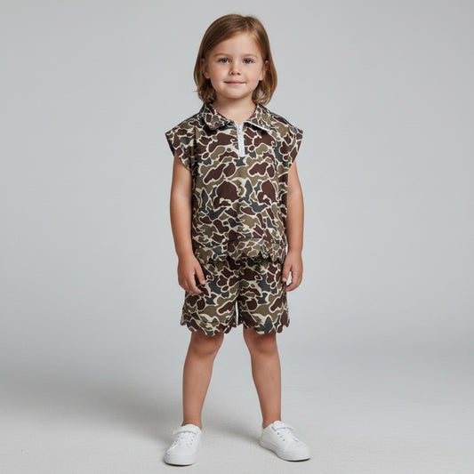 zipper camo scallop shorts set summer girl clothing
