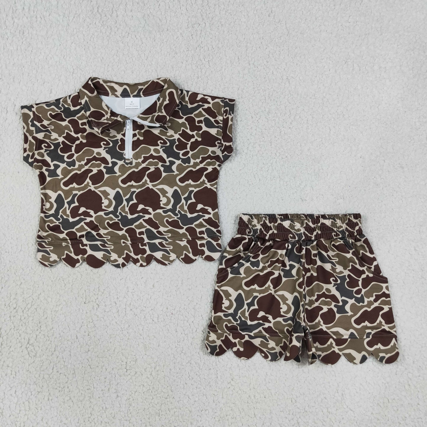 zipper camo scallop shorts set summer girl clothing