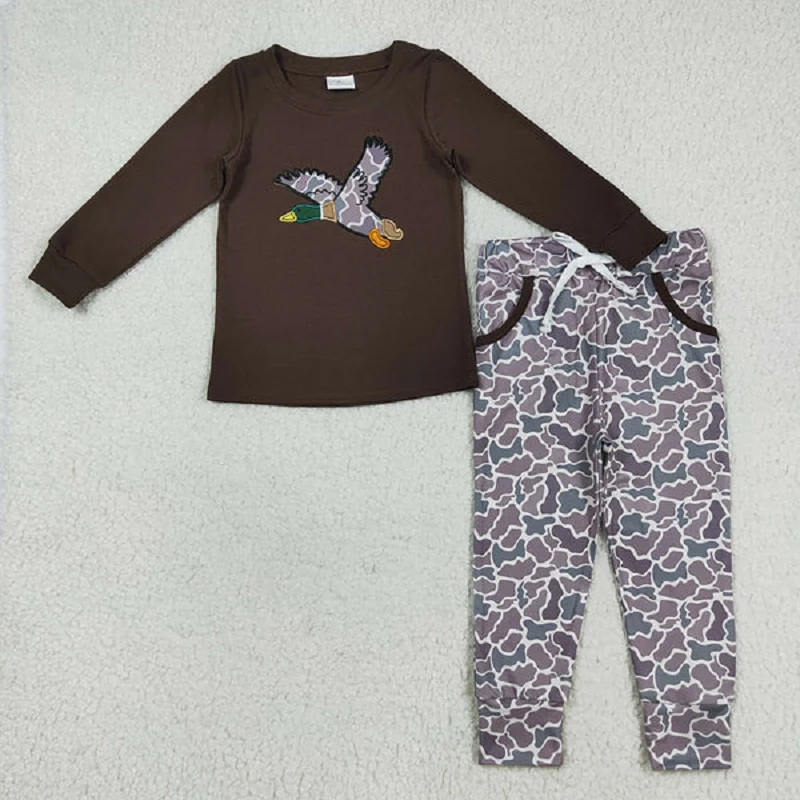 BLP1123  Baby Boys Brown Long Sleeve Camo Mallard Joggers Set