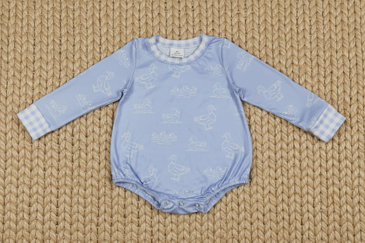 LR2969 long sleeve white duck on blue boys romper