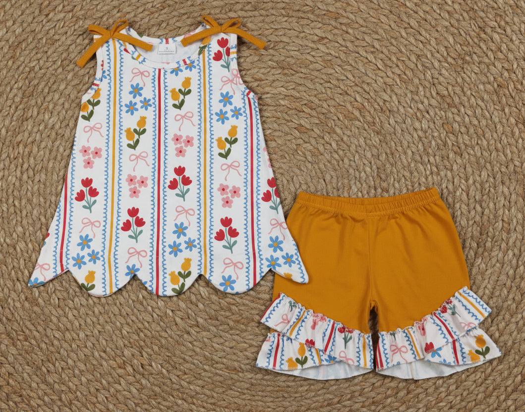 striped floral scallop shorts set summer clothing