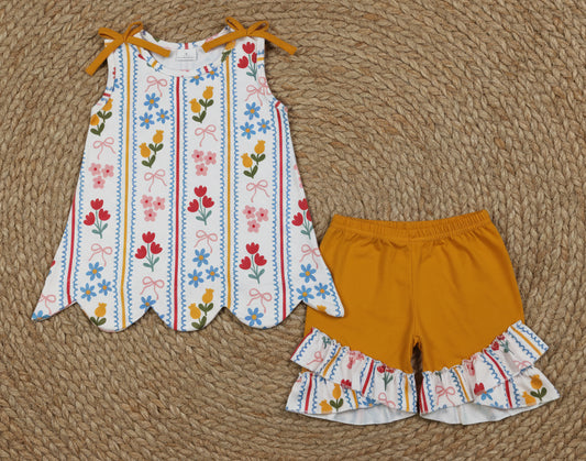 striped floral scallop shorts set summer clothing