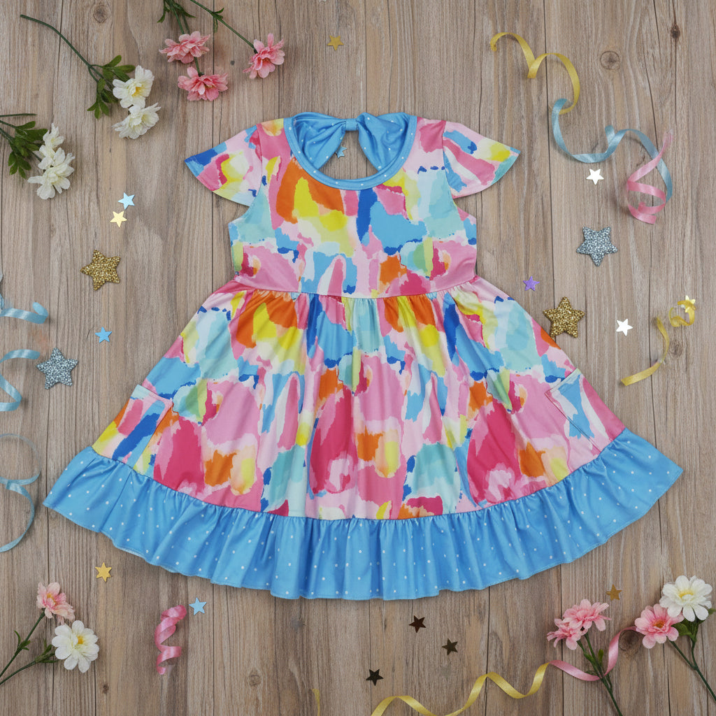 rainbow color tie dye ruffle twirl dress