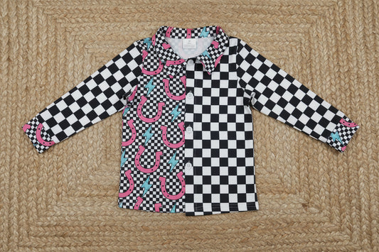 GT1509 western horseshoe checkered button down shirt