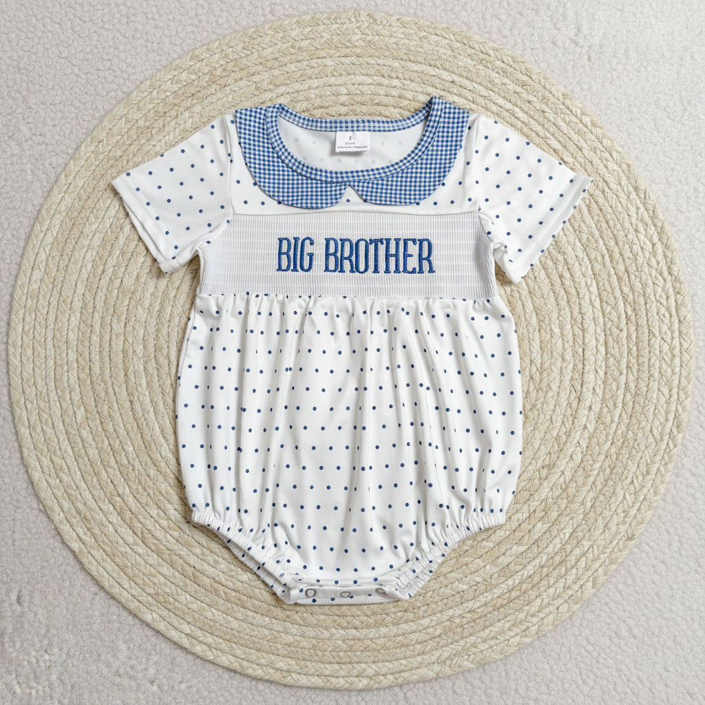 big brother blue white polk dots embroidery bubble romper