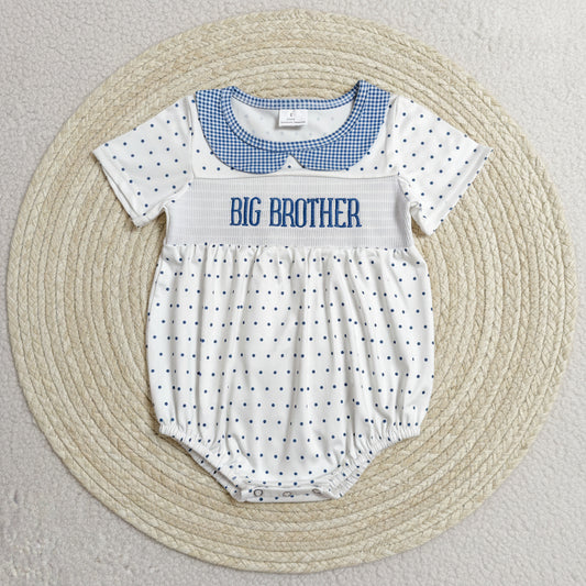 big brother blue white polk dots embroidery bubble romper