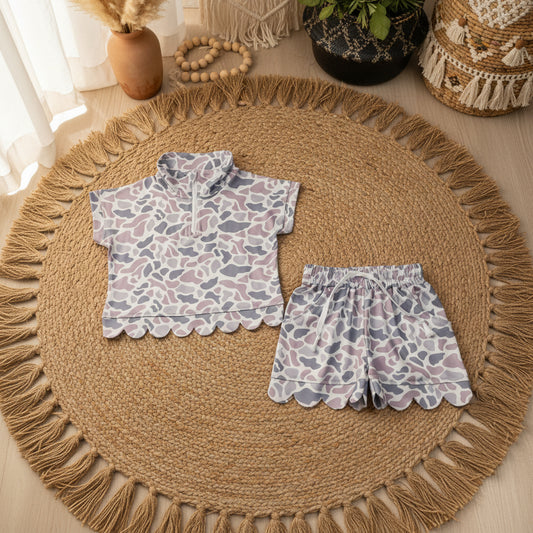 zipper camo scallop shorts set summer girl clothing
