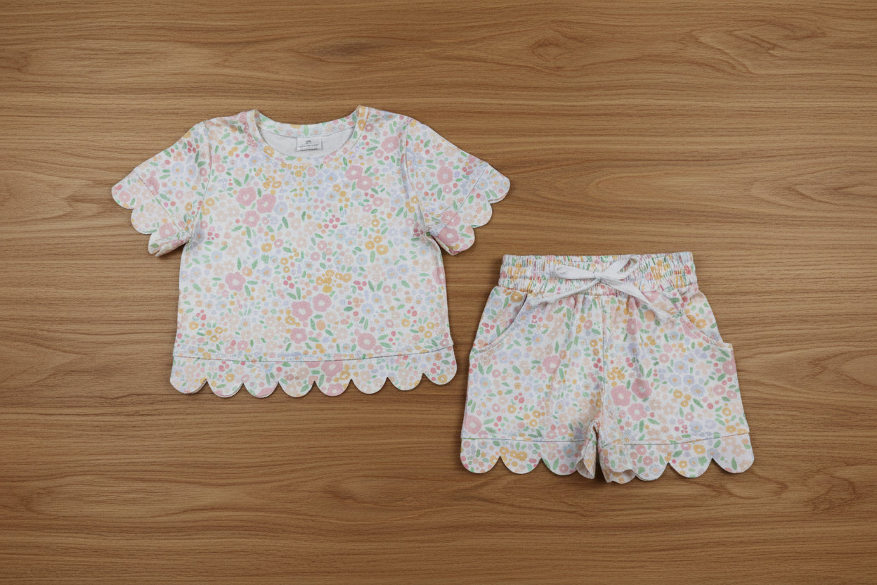 floral scallop shorts set summer girl clothing