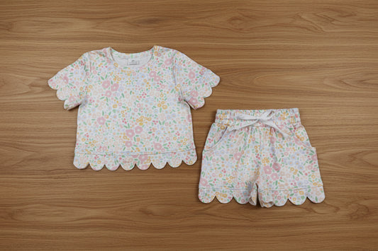 floral scallop shorts set summer girl clothing