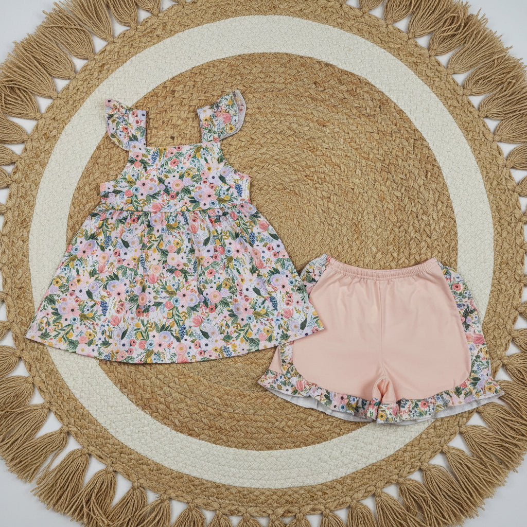 strap floral tunic ruffle shorts set summer girl clothing