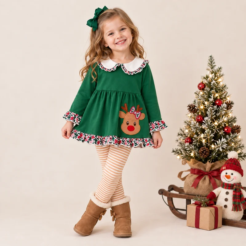 MOQ 5 one items TAT 7-8weeks 95%cotton 5%spandex reindeer girl clothing for Christmas