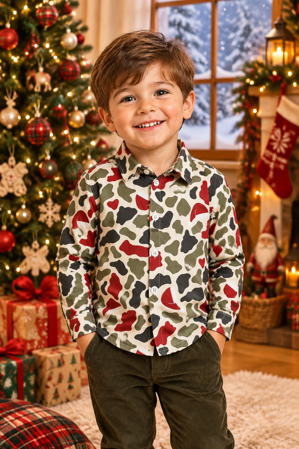 Christmas red green camo button down shirt boy clothes
