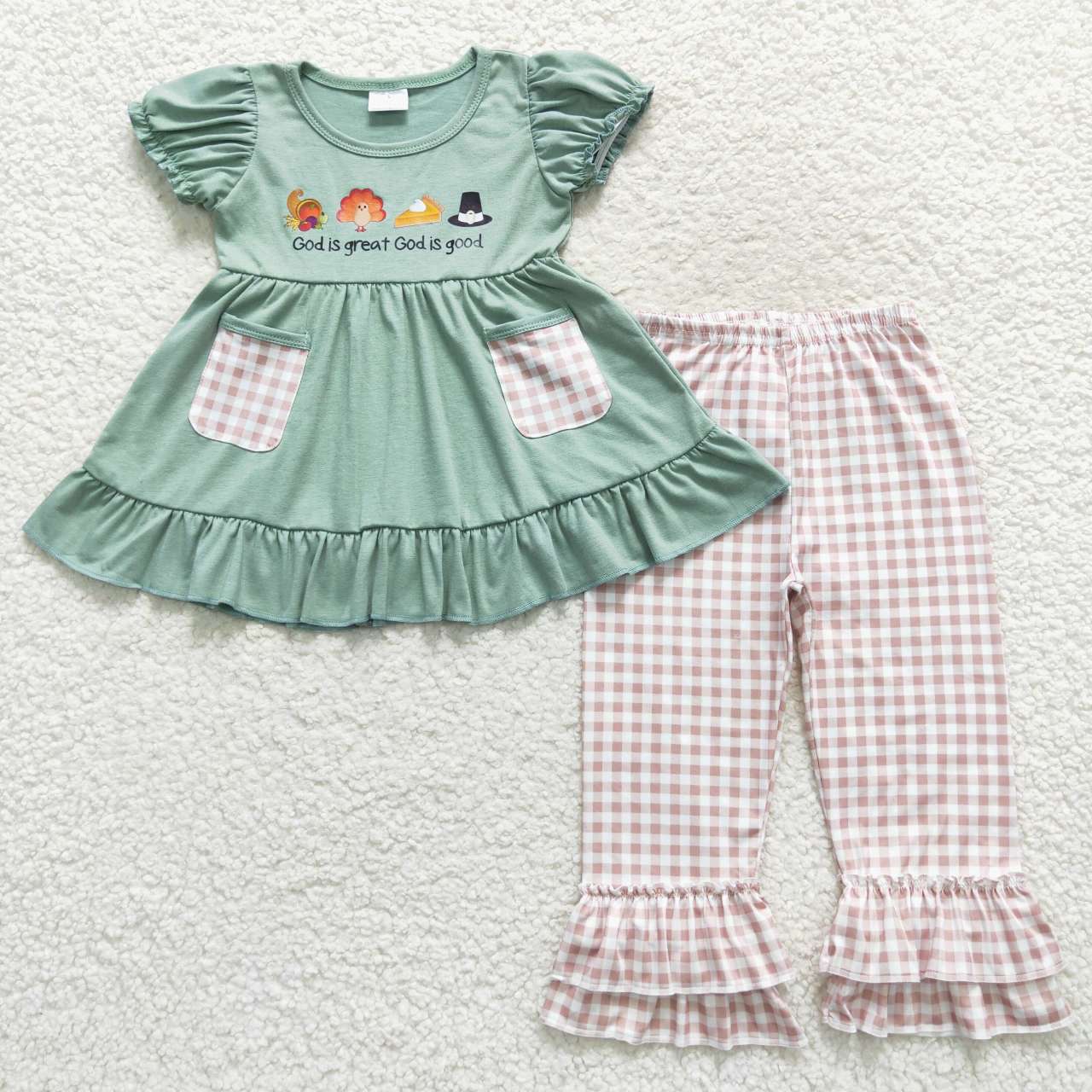 GSPO0827 god is great god is good ruffle pants set