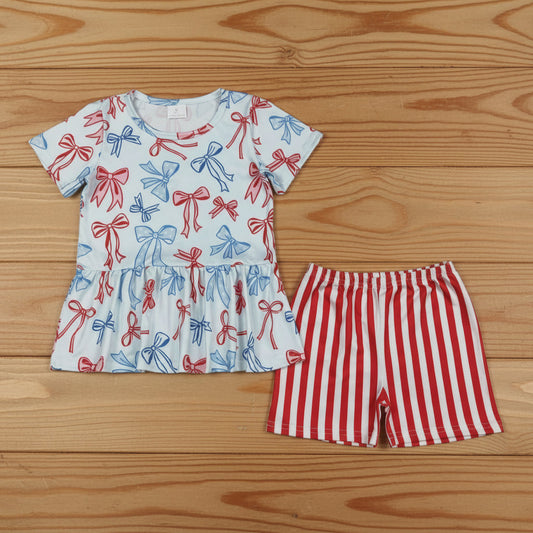 RWB bow short set 4th of july girls clothing