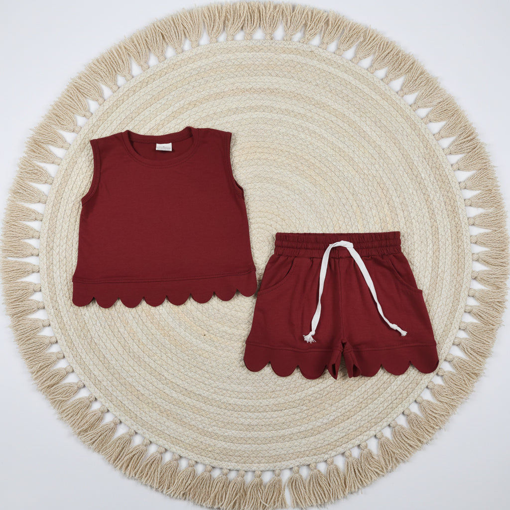 solid cotton burgundy scallop shorts set girl clothing