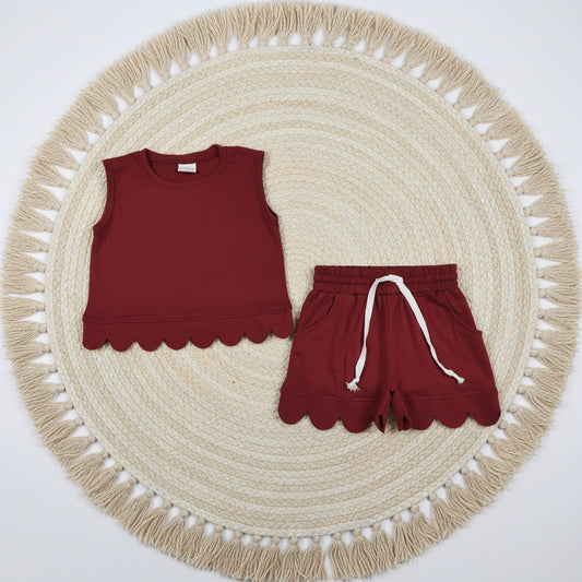 solid cotton burgundy scallop shorts set girl clothing