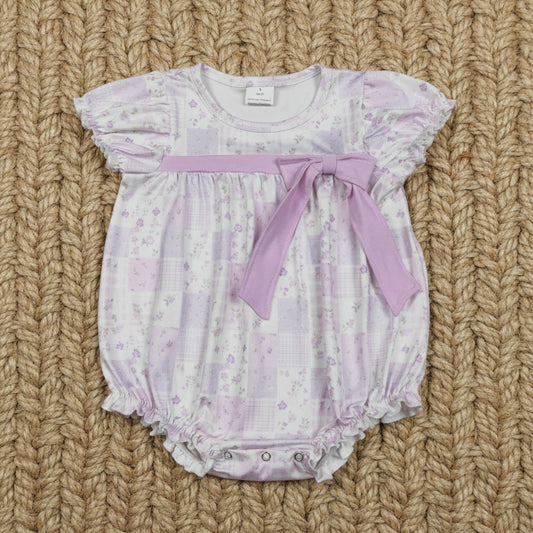 short sleeve lavender flower patchwork bubble romper