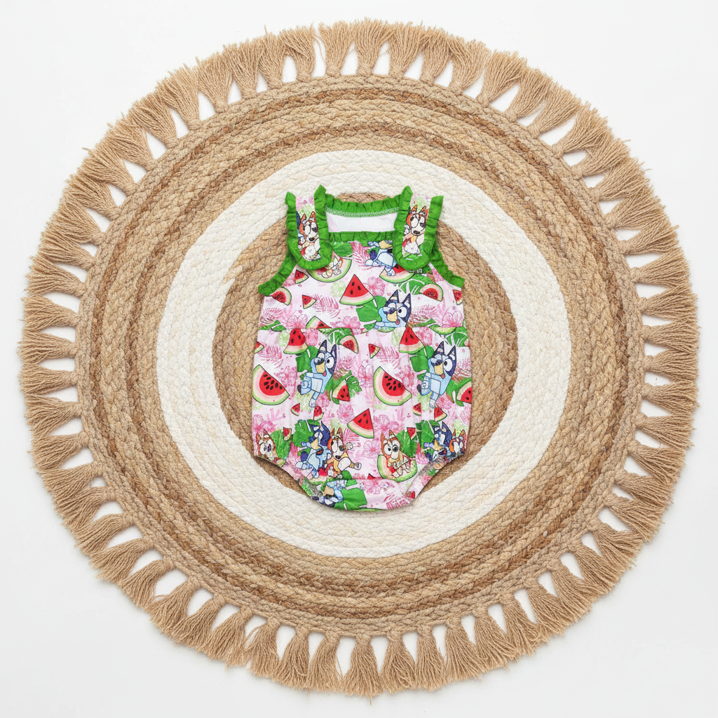 SR1308 Cartoon Watermelon Green Lace Vest Bodysuit