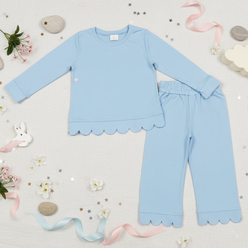 long sleeve cotton blue scallop pants outfit